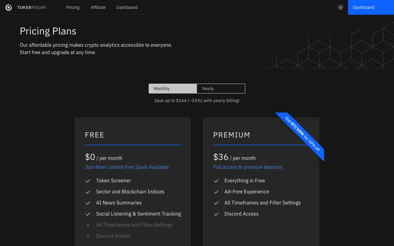 Token Radar — pricing page