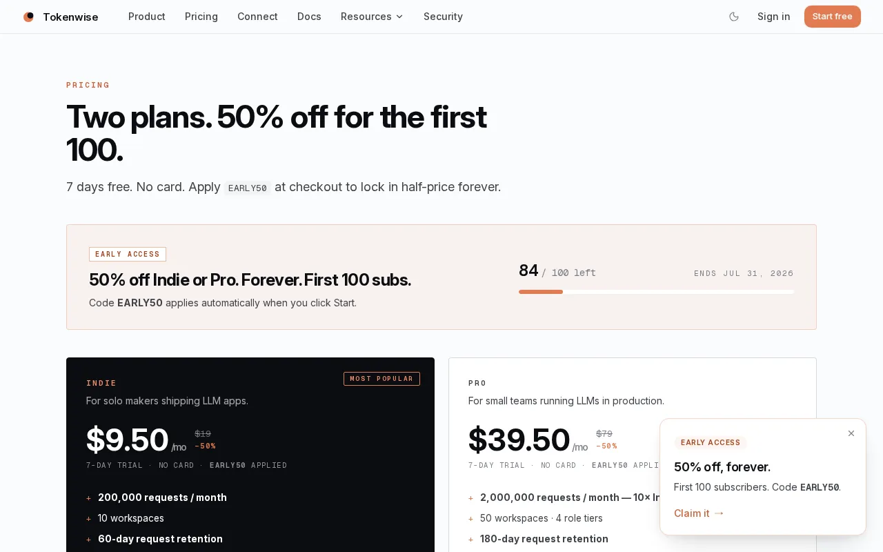 Tokenwise — pricing page
