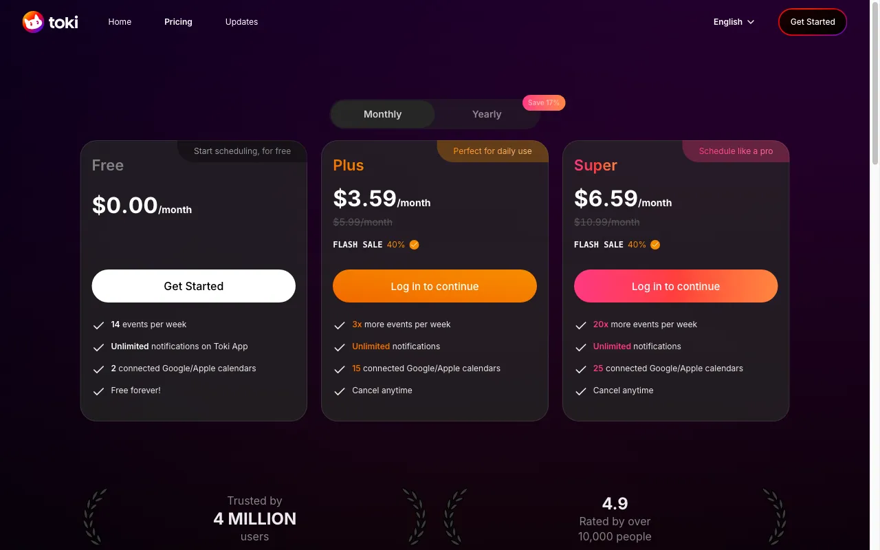 Toki (Dola AI) — pricing page