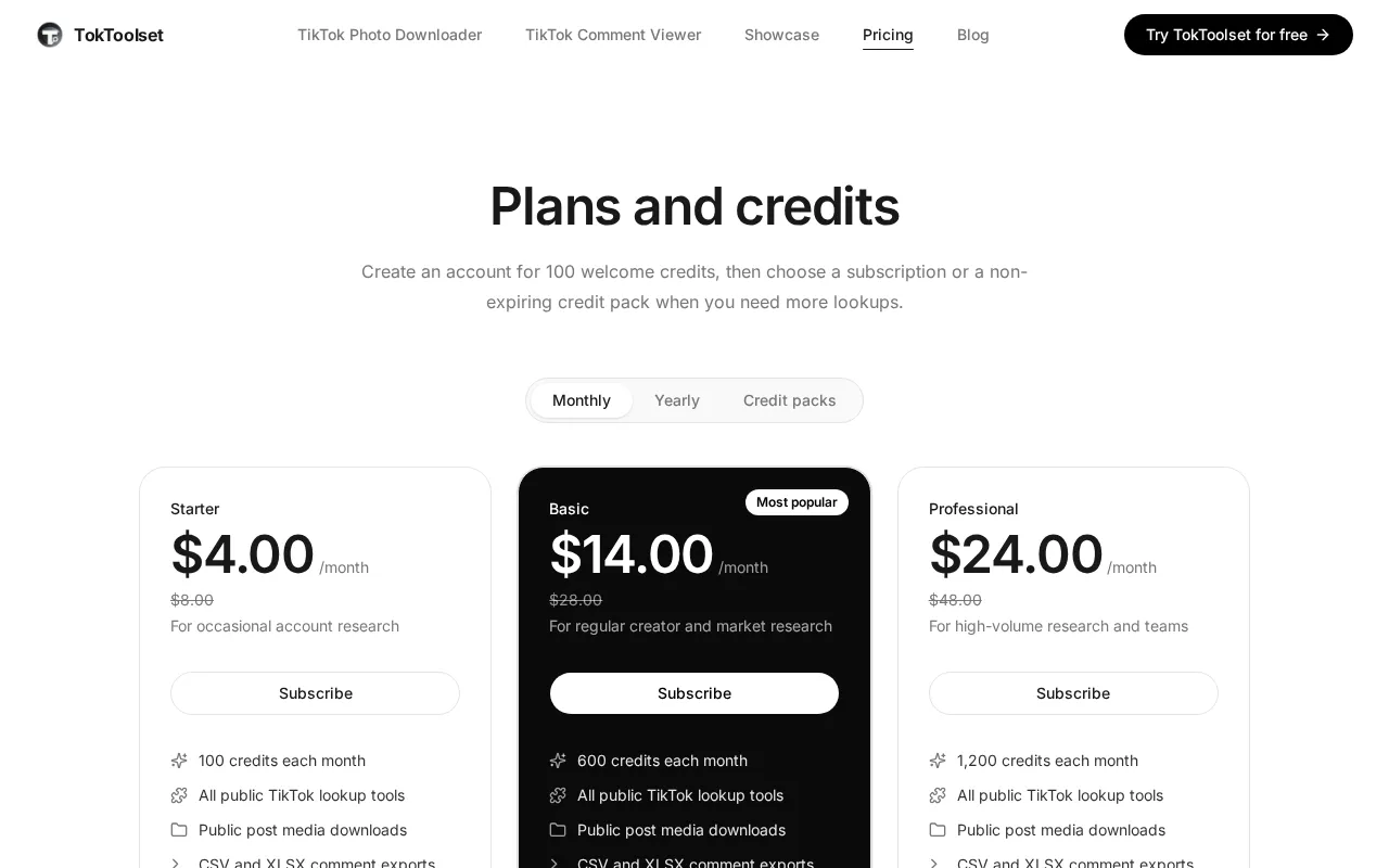 TokToolset — pricing page