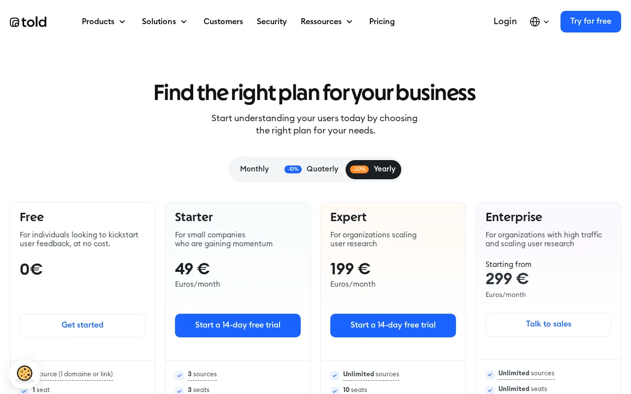 Told — pricing page