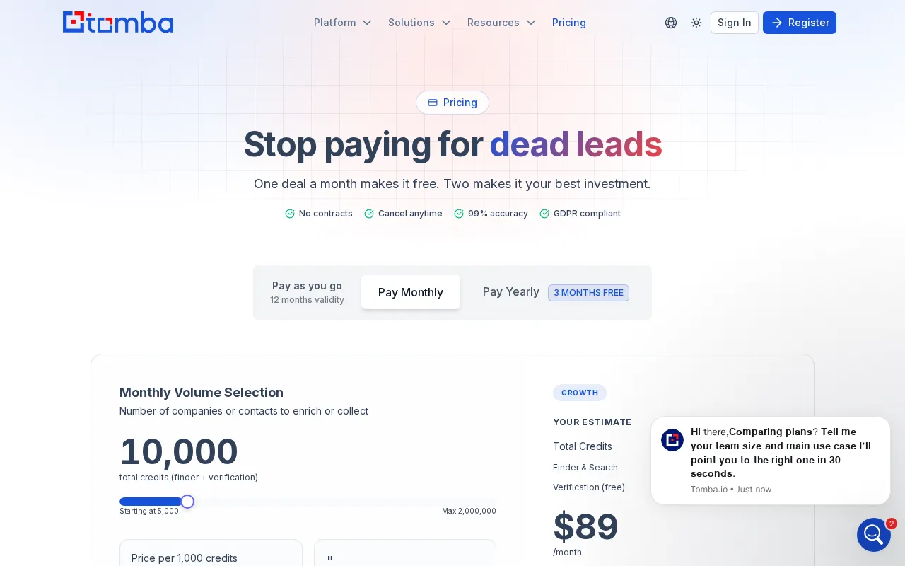 Tomba — pricing page
