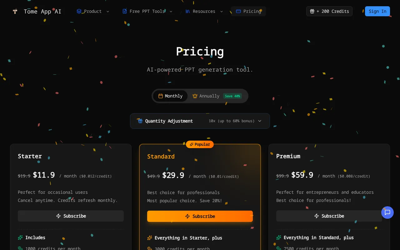 Tome AI Presentation Maker — pricing page