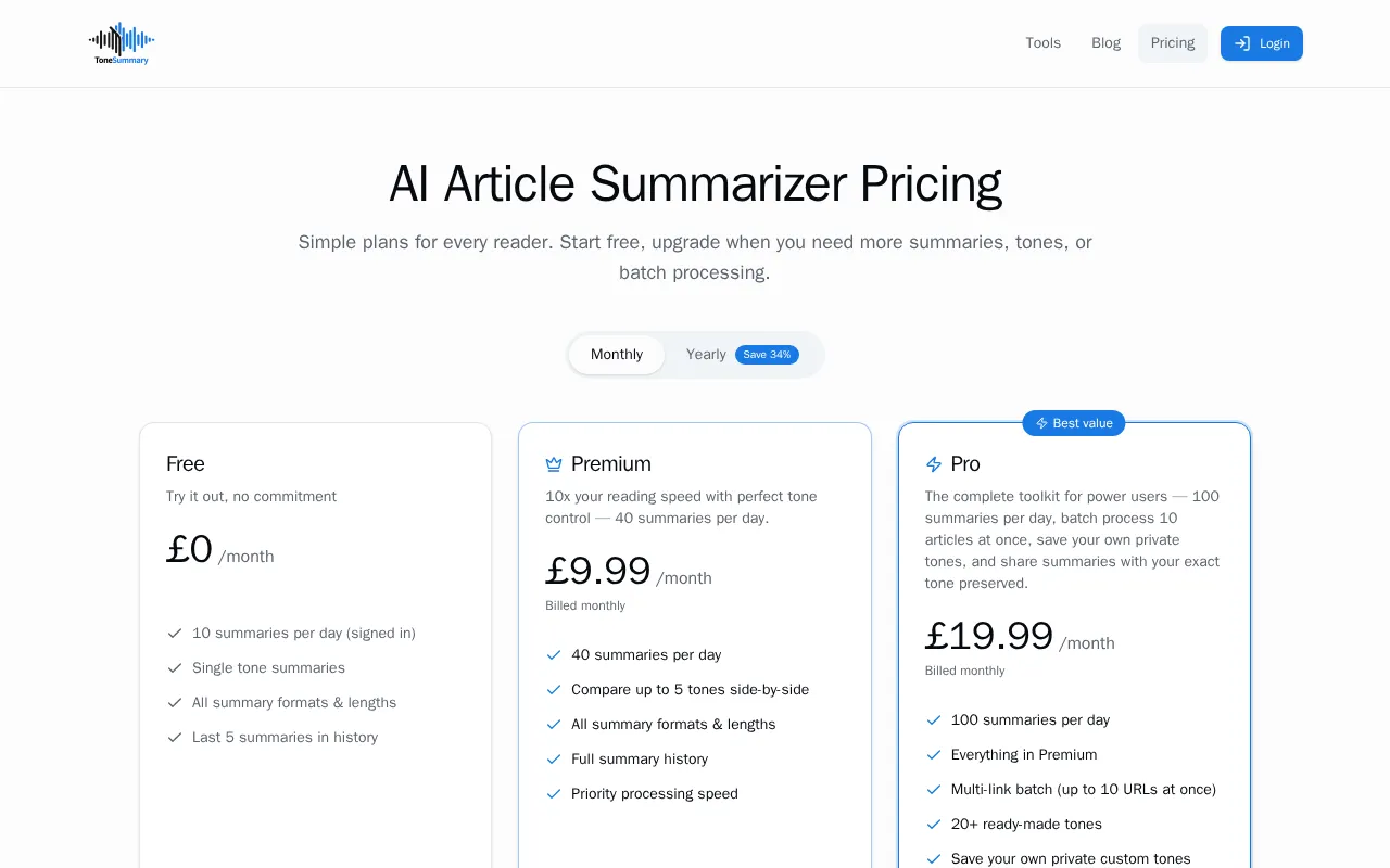 ToneSummary — pricing page