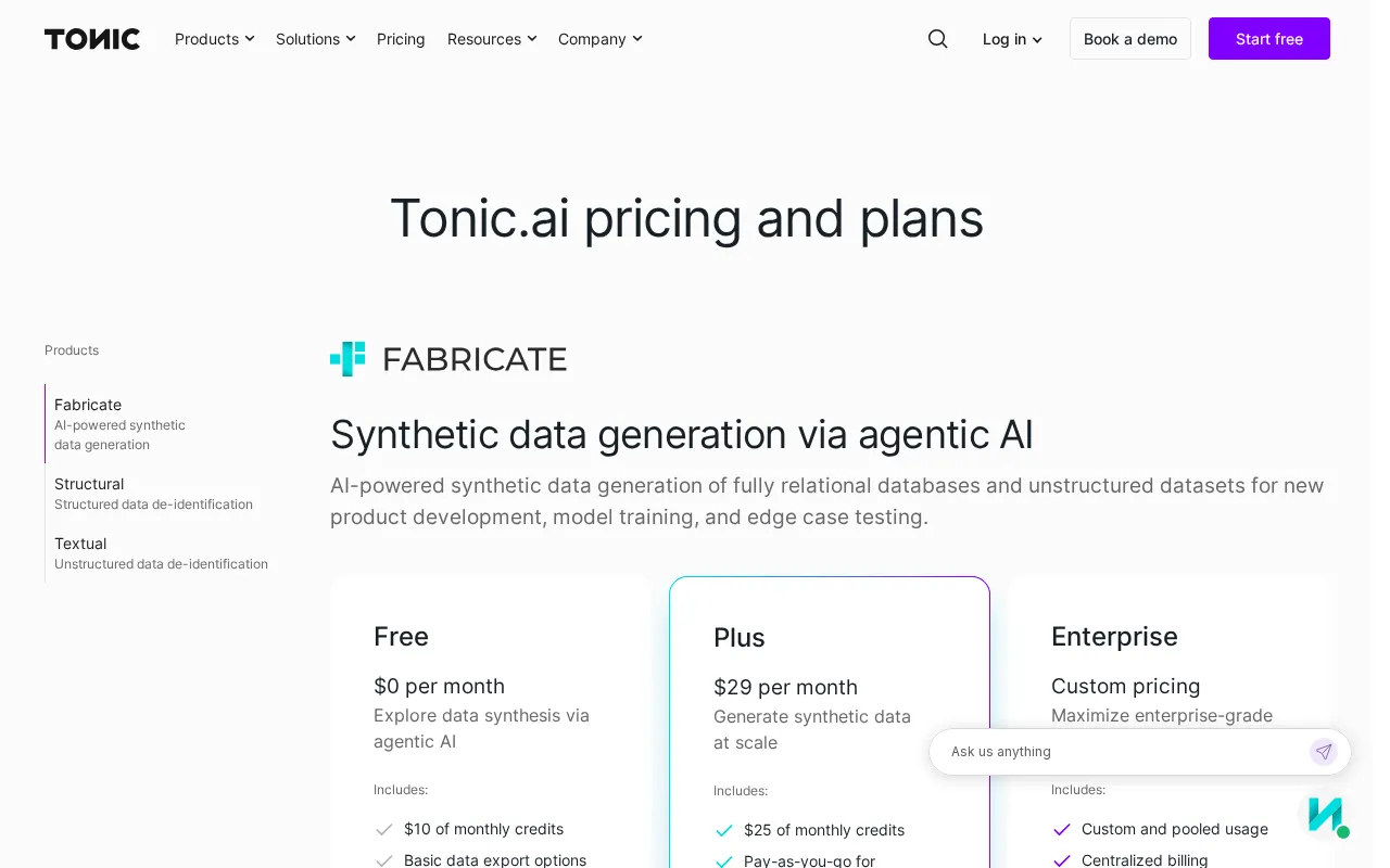 Tonic — pricing page