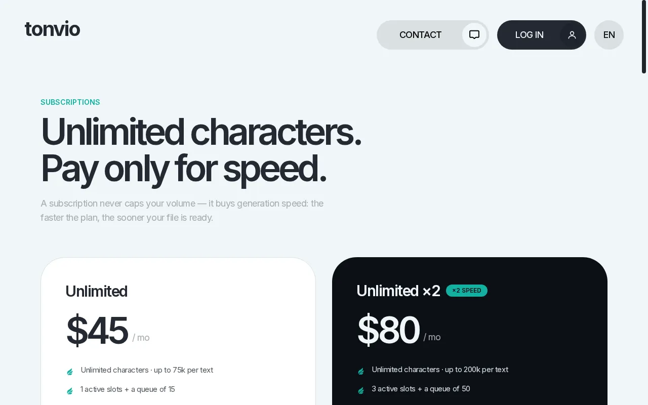tonvio — pricing page