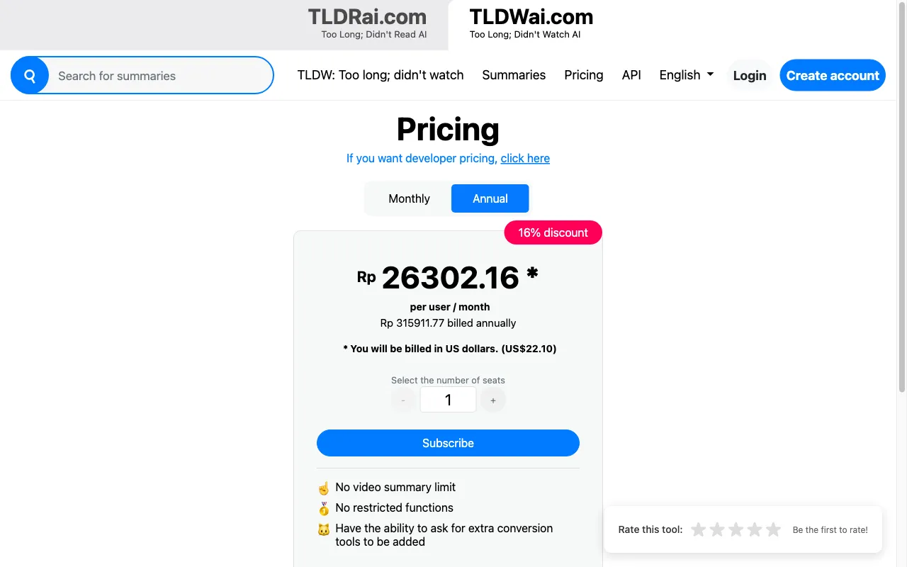 TLDWai.com — pricing page