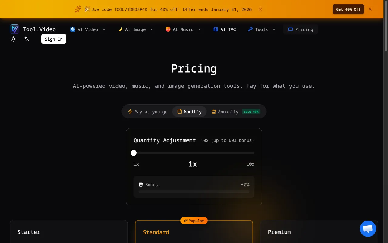 Tool Video — pricing page