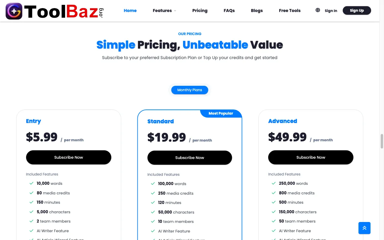 ToolBaz — pricing page