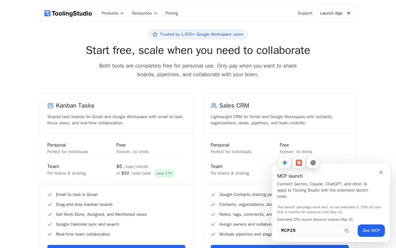 Tooling Studio — pricing page
