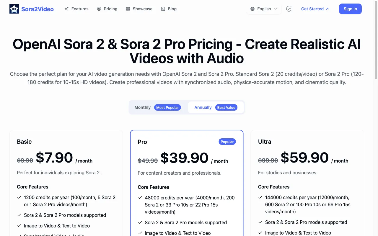 Sora2Video — pricing page