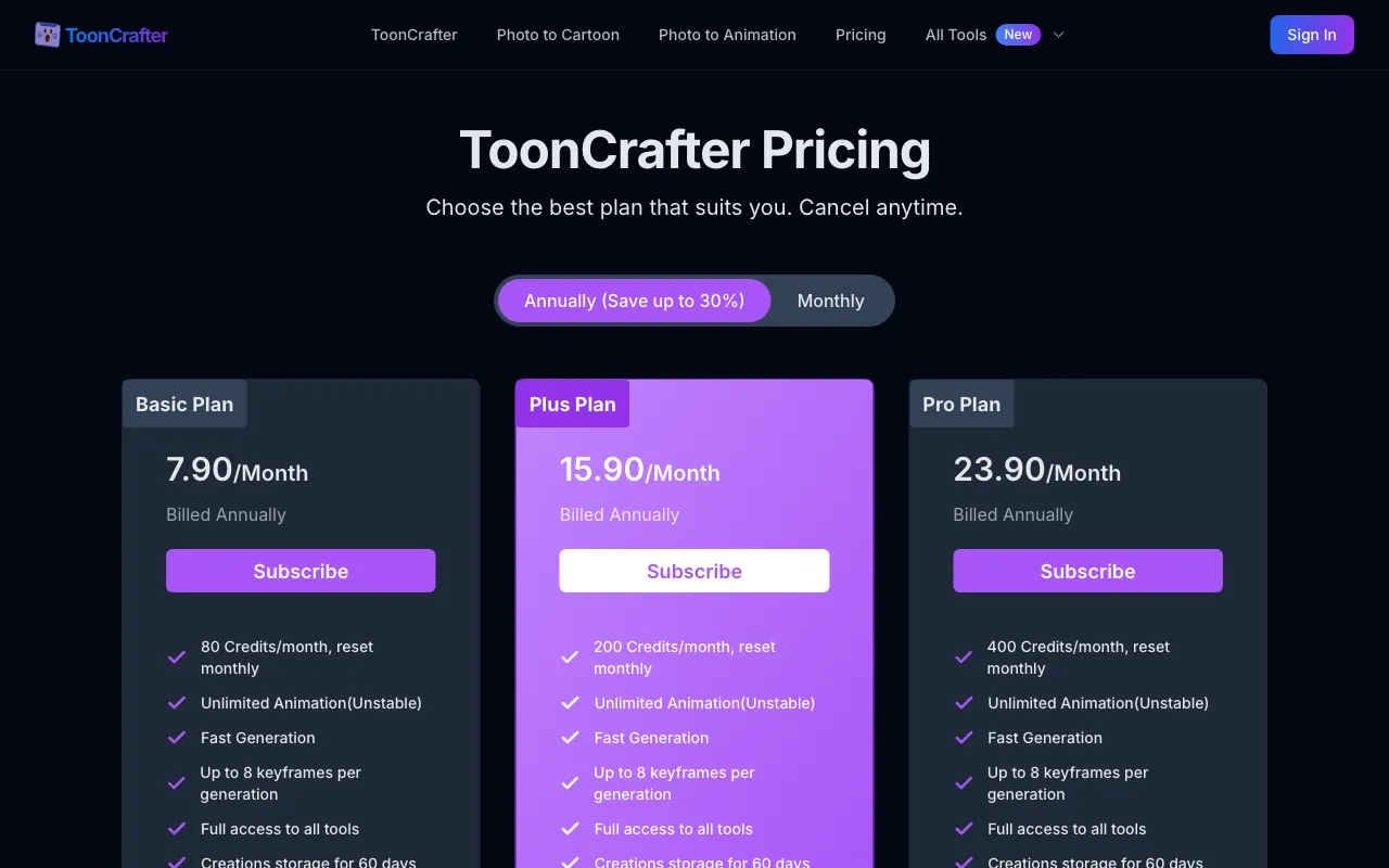 ToonCrafter — pricing page