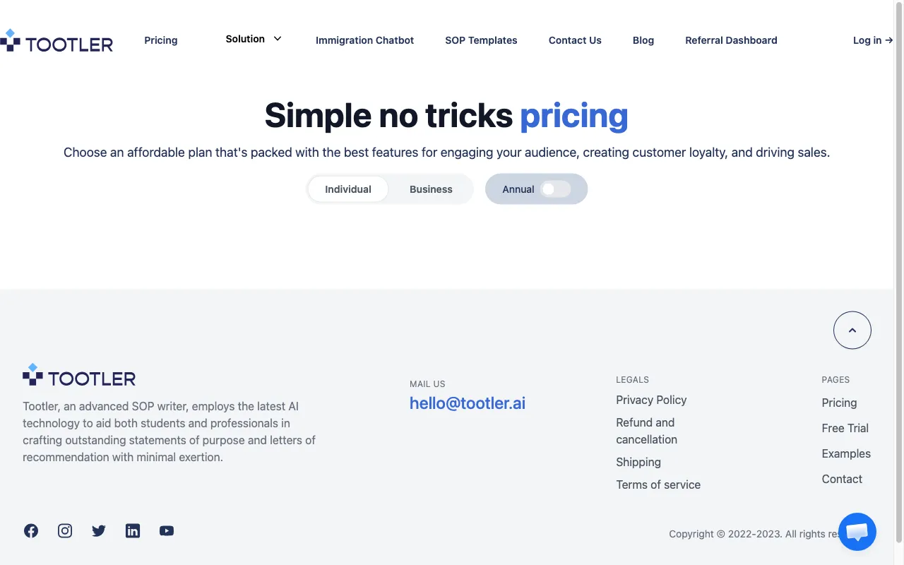 Tootler AI — pricing page