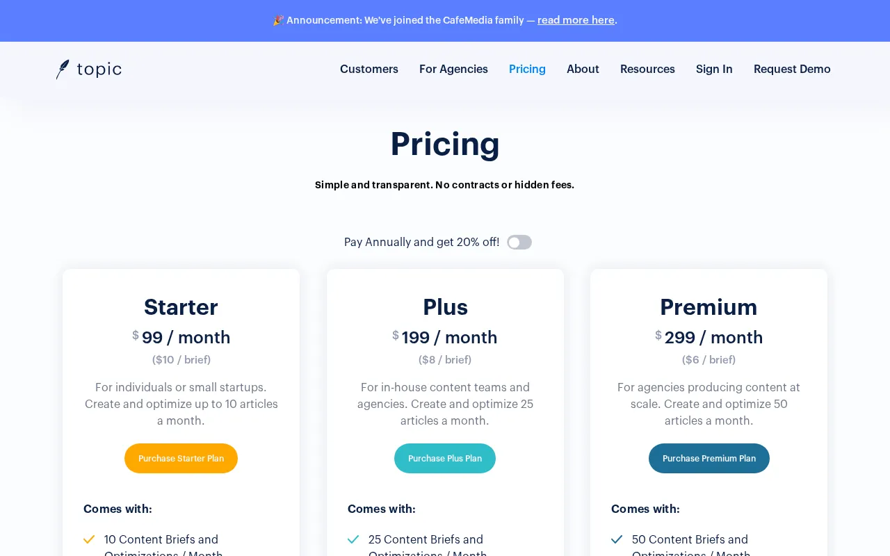 Topic — pricing page