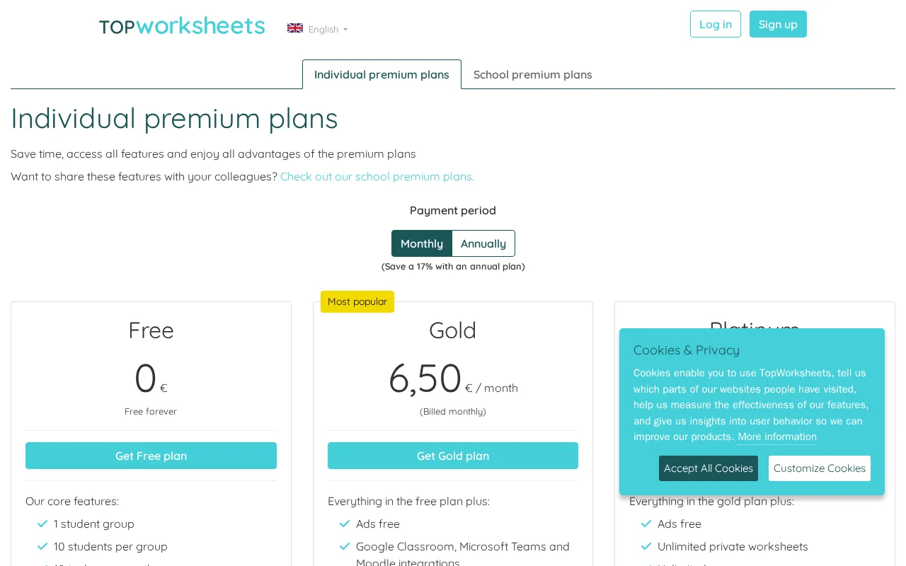 TopWorksheets — pricing page