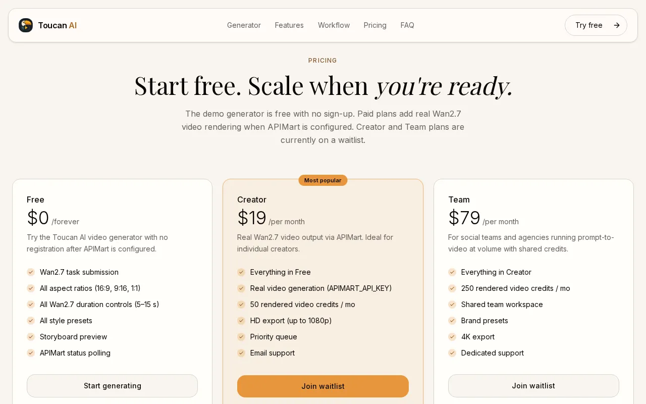 Toucan Ai — pricing page