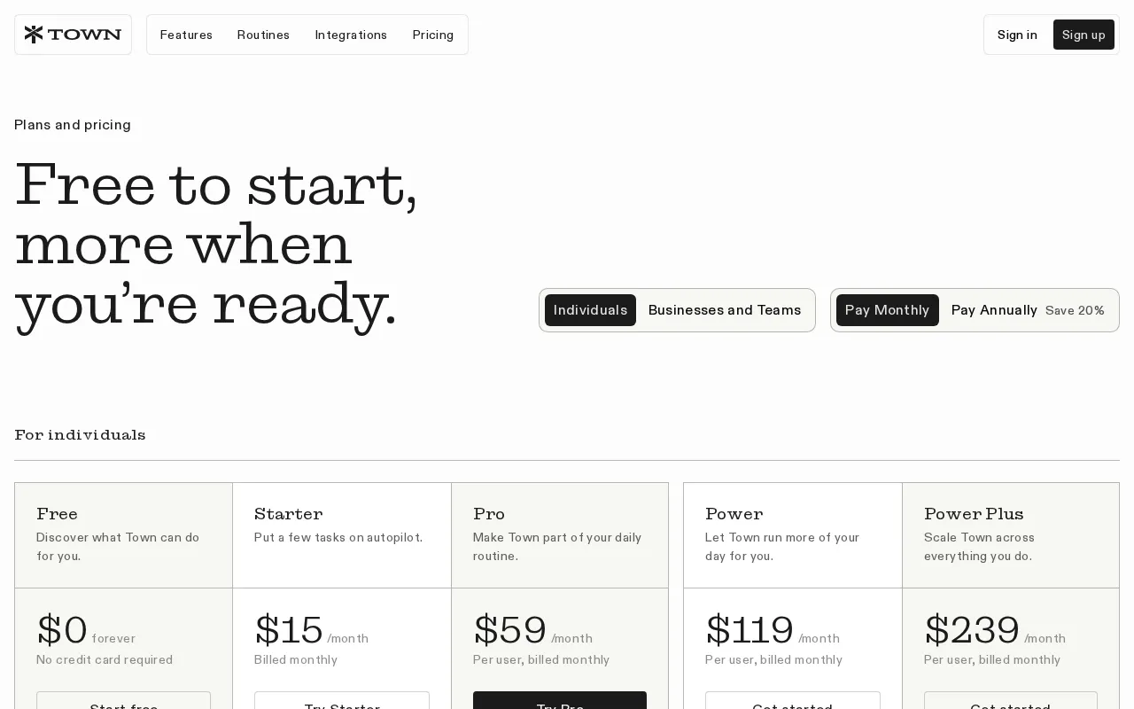 Town — pricing page
