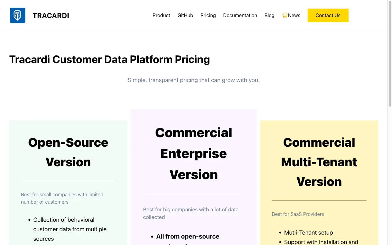 Tracardi — pricing page