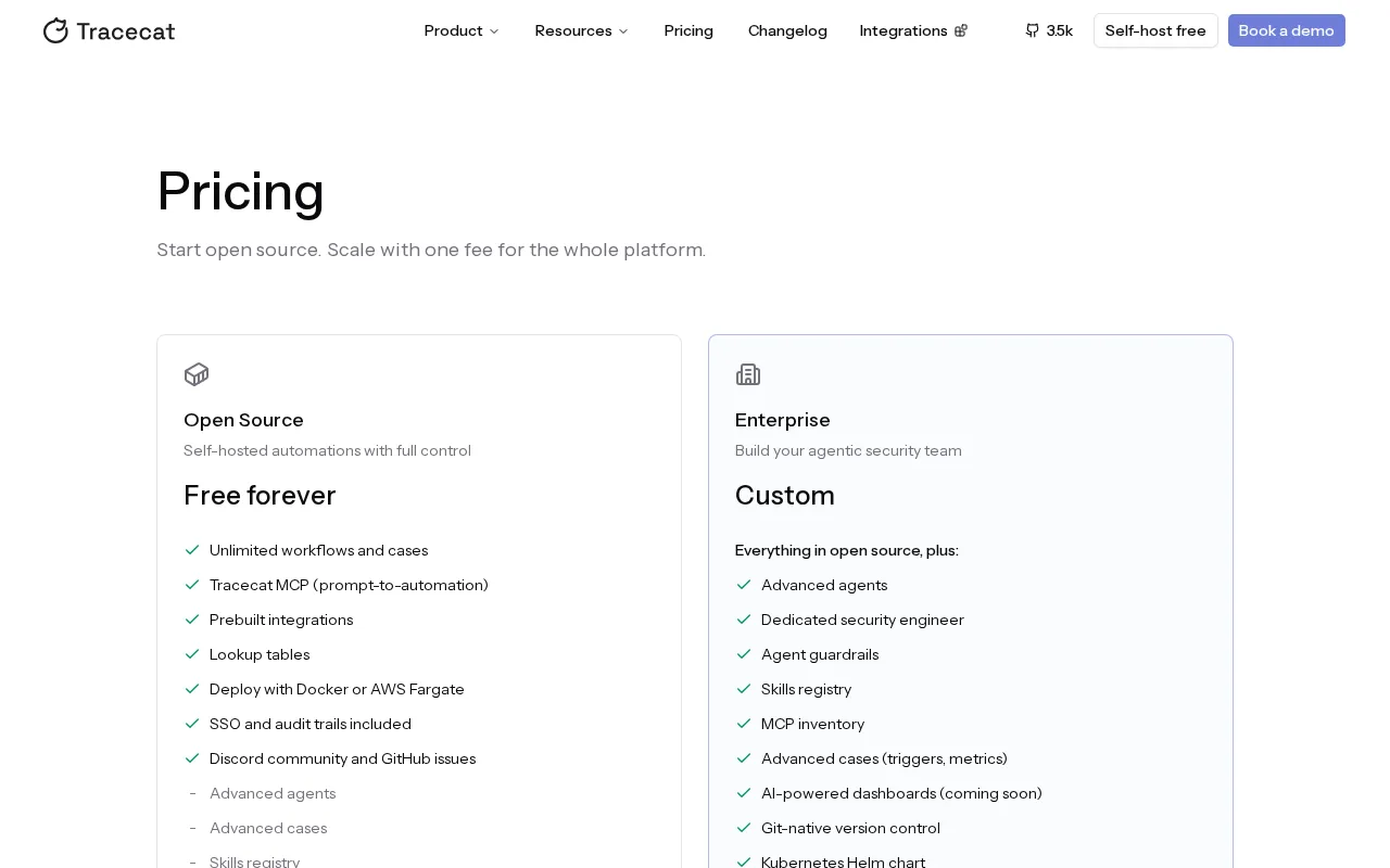 Tracecat — pricing page