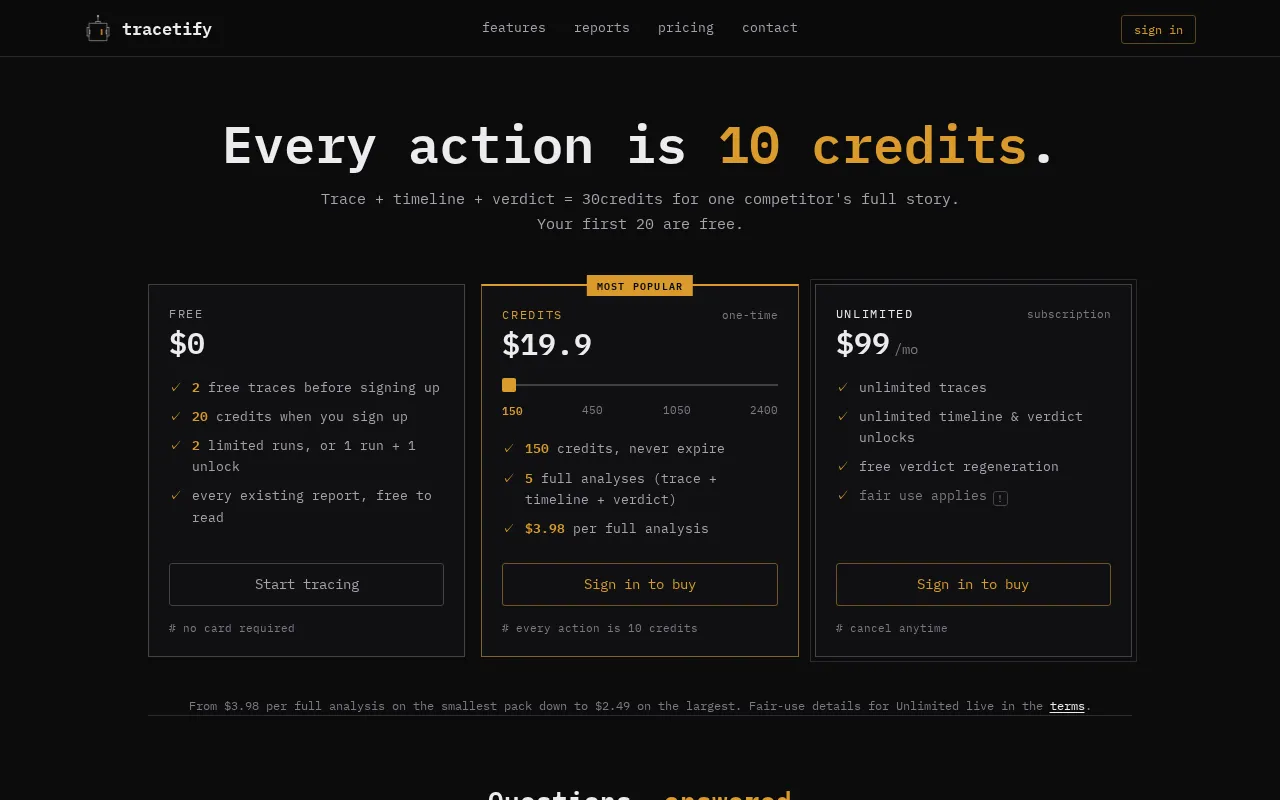 Tracetify — pricing page