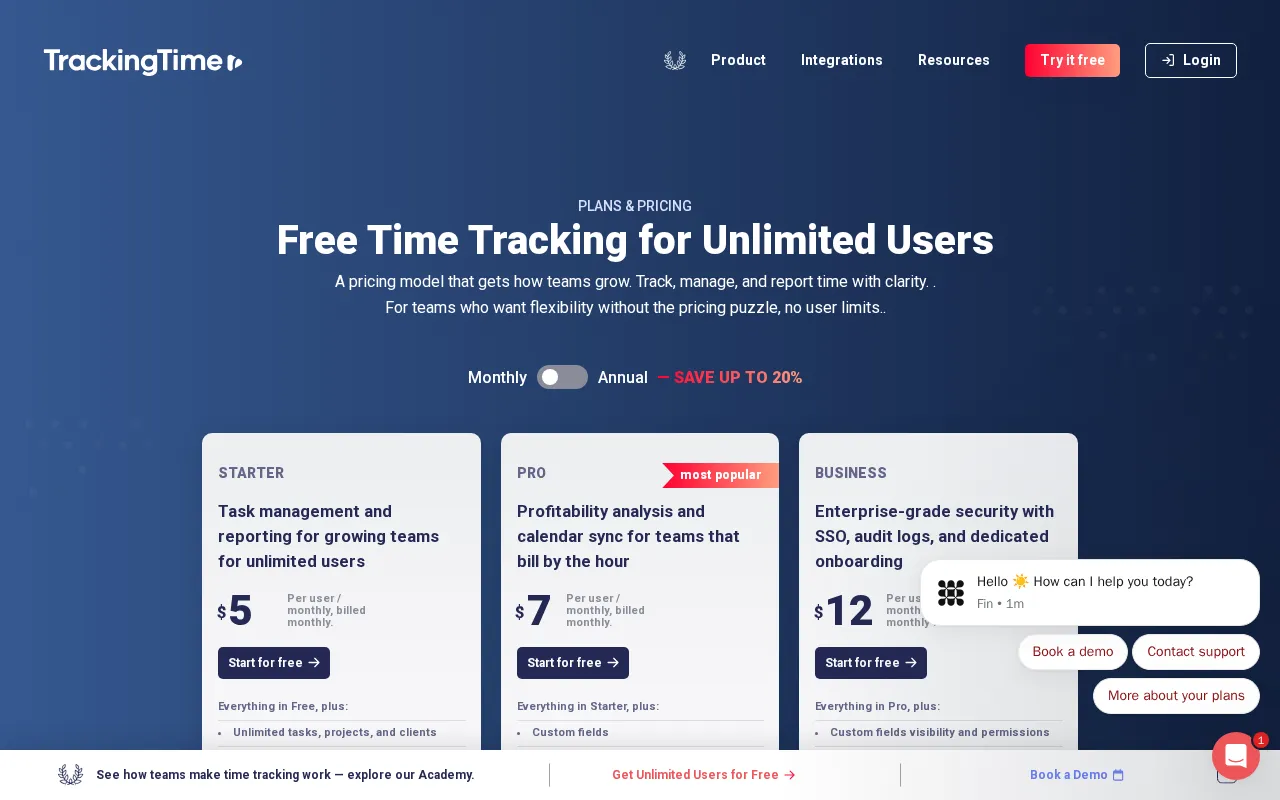 Trackingtime — pricing page