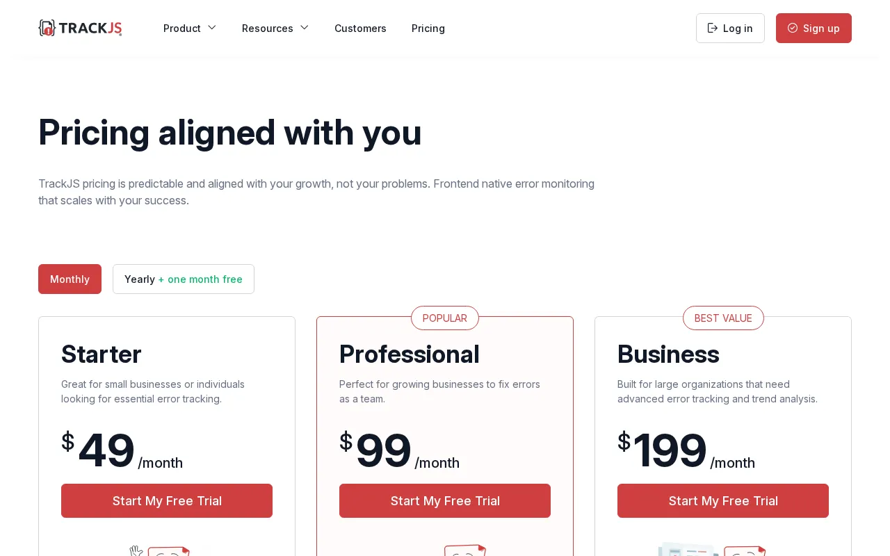 TrackJS JavaScript Error Monitoring — pricing page