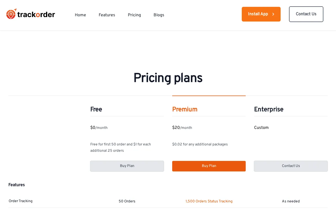 TrackOrder — pricing page