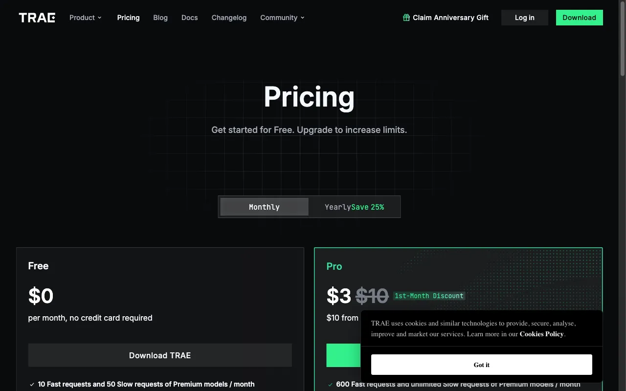 Trae — pricing page