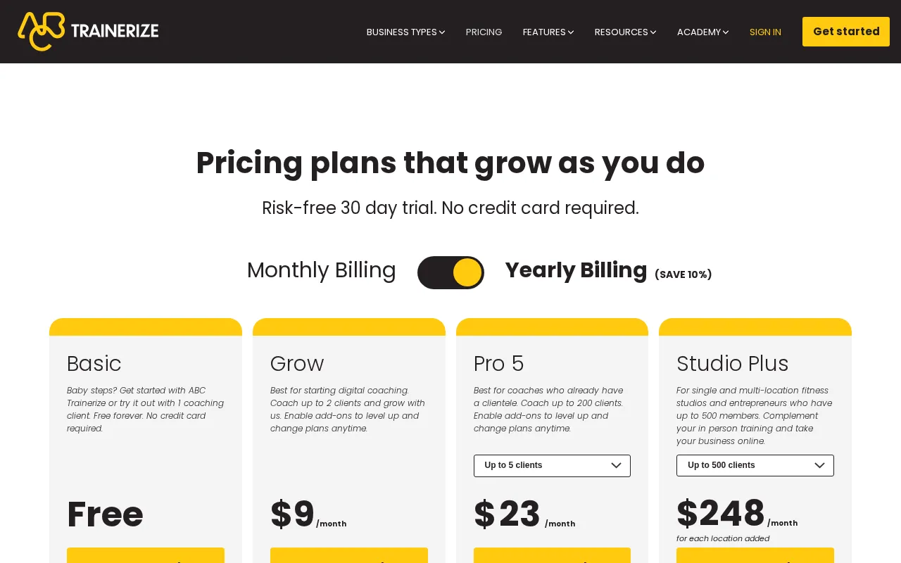 Trainerize — pricing page