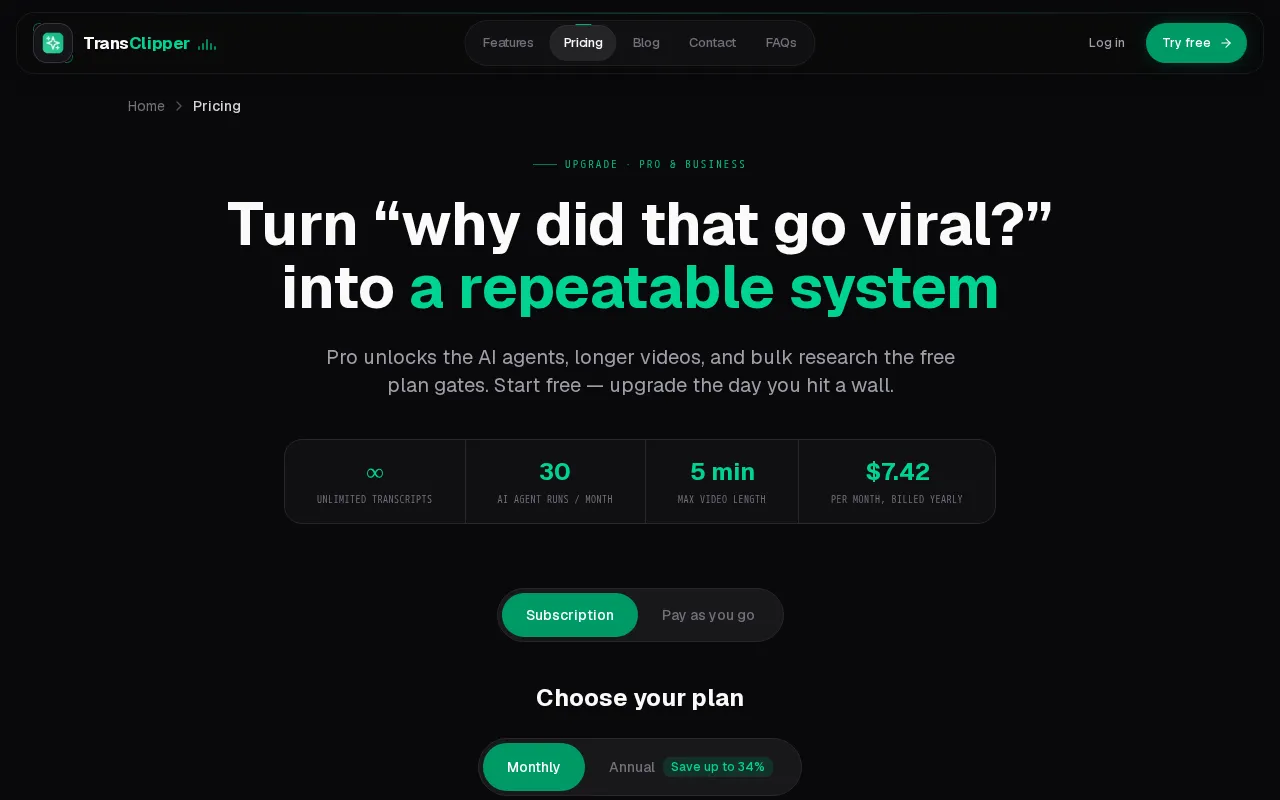 TransClipper — pricing page