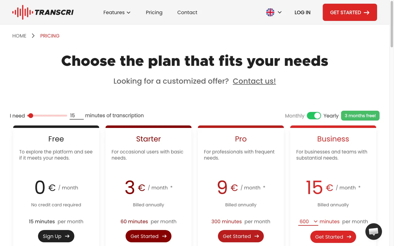 Transcri — pricing page