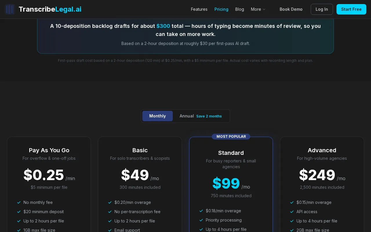 TranscribeLegal — pricing page