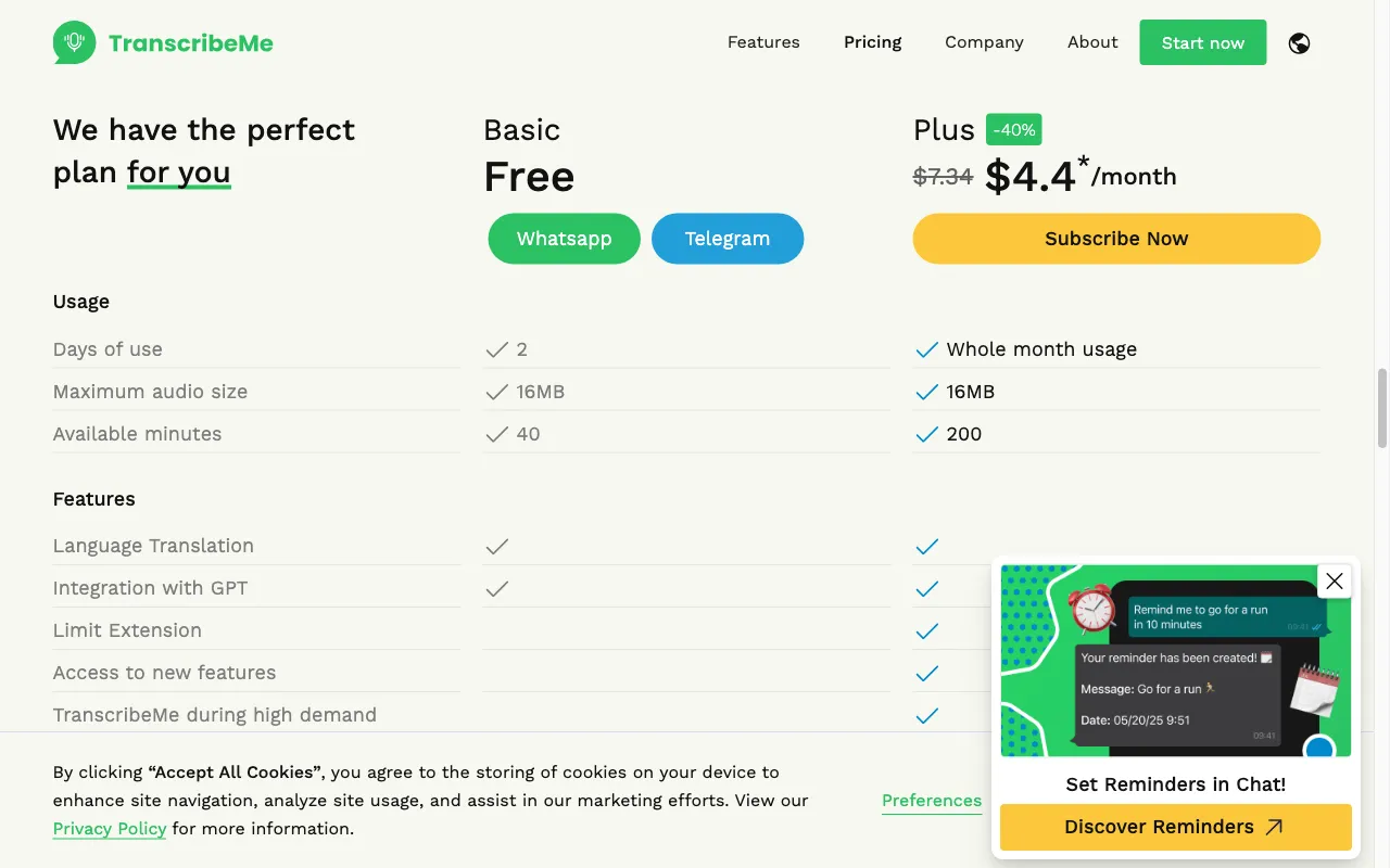 TranscribeMe — pricing page