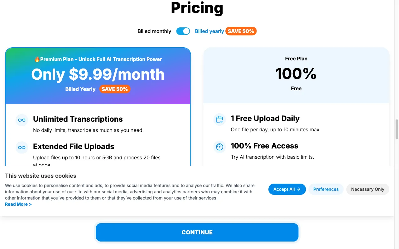 TranscribetoText.AI — pricing page