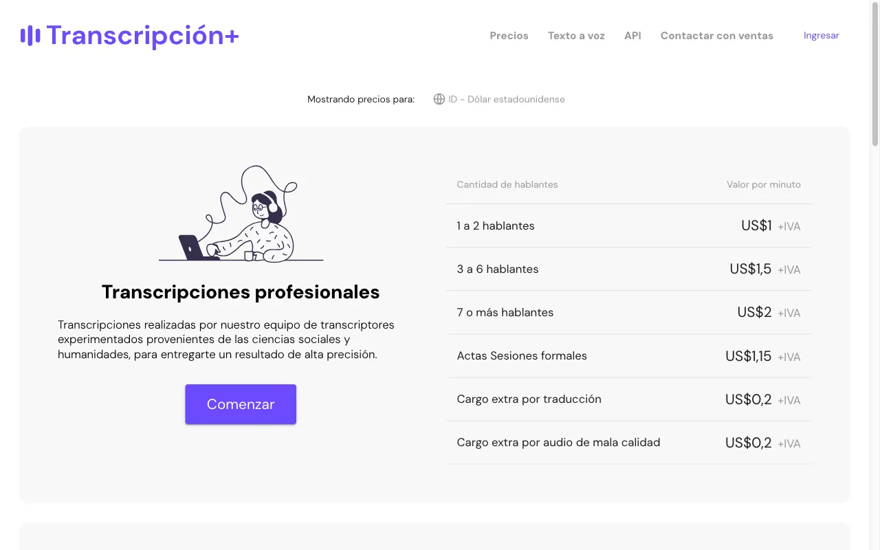 Transcripción+ — pricing page