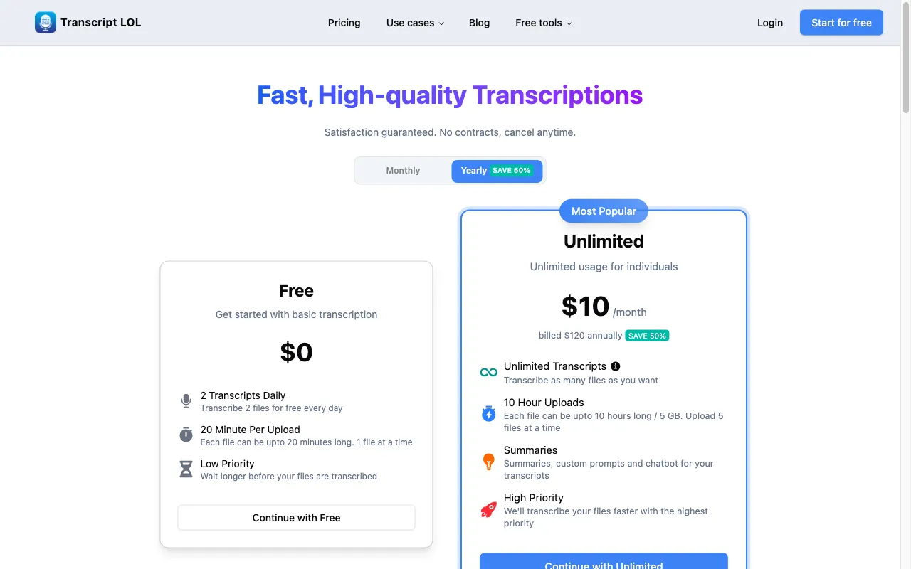 Transcript.LOL — pricing page