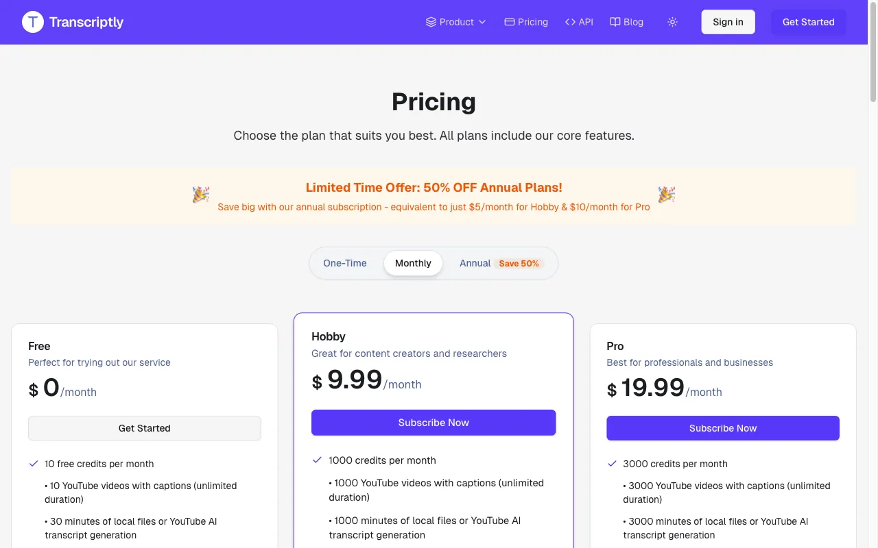 Transcriptly — pricing page