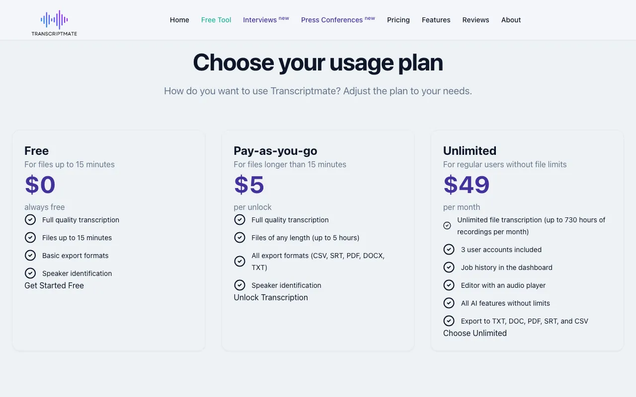 Transcriptmate.com — pricing page