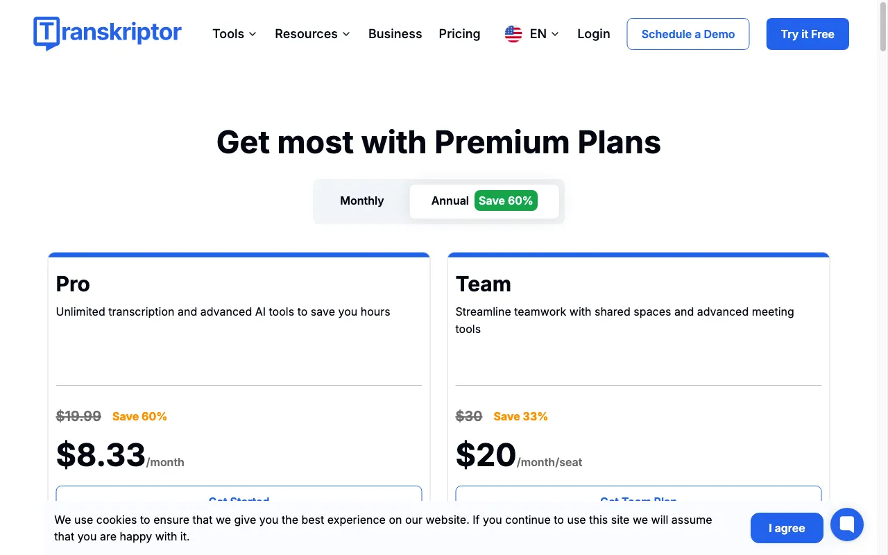 Transkriptor — pricing page