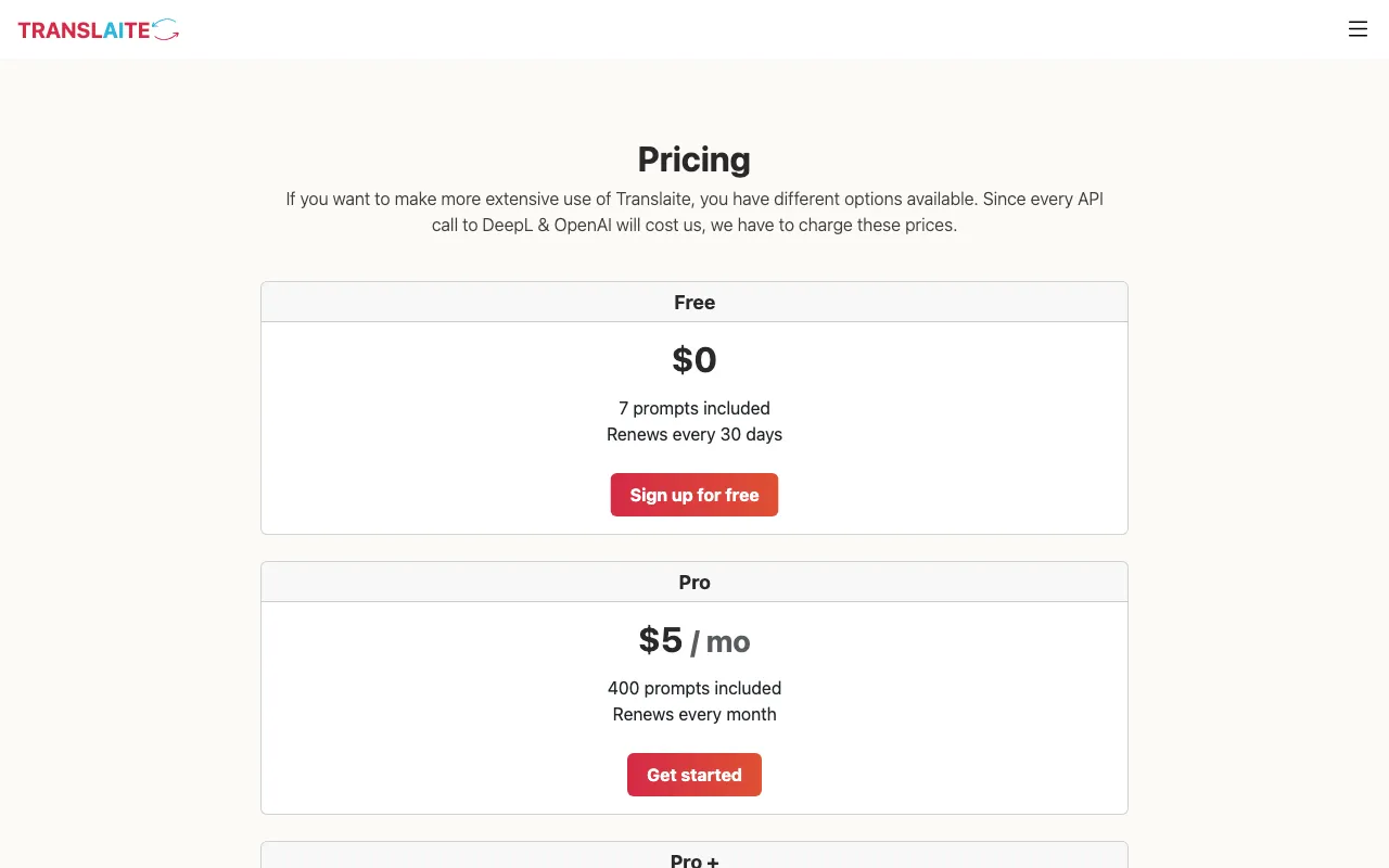 Translaite — pricing page