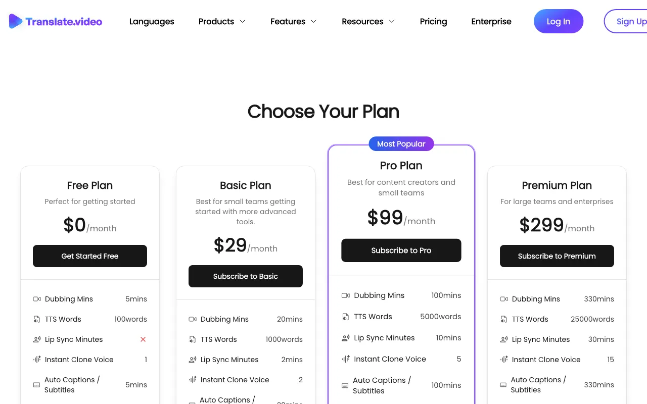 Translate.video — pricing page