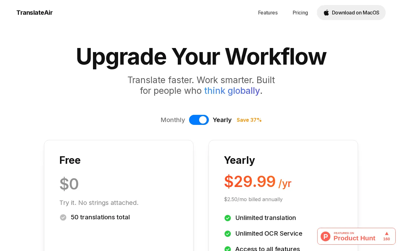 TranslateAir — pricing page