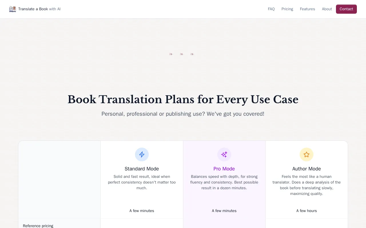 Translate A Book.com — pricing page