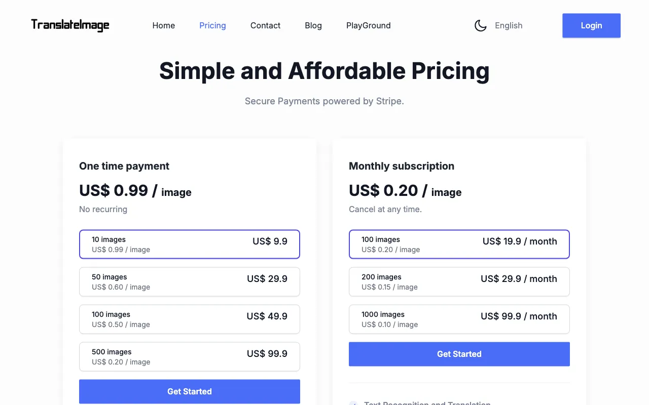 TranslateImages — pricing page