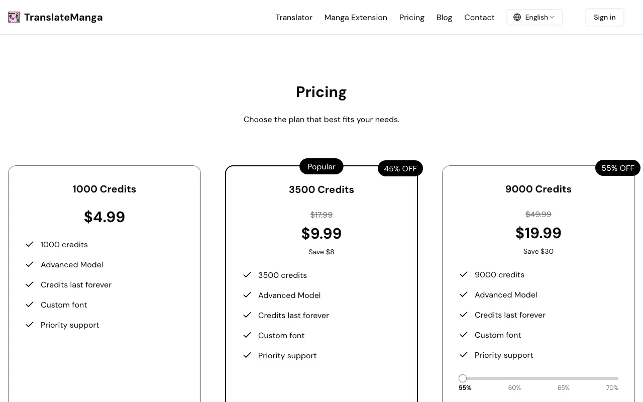 TranslateManga — pricing page