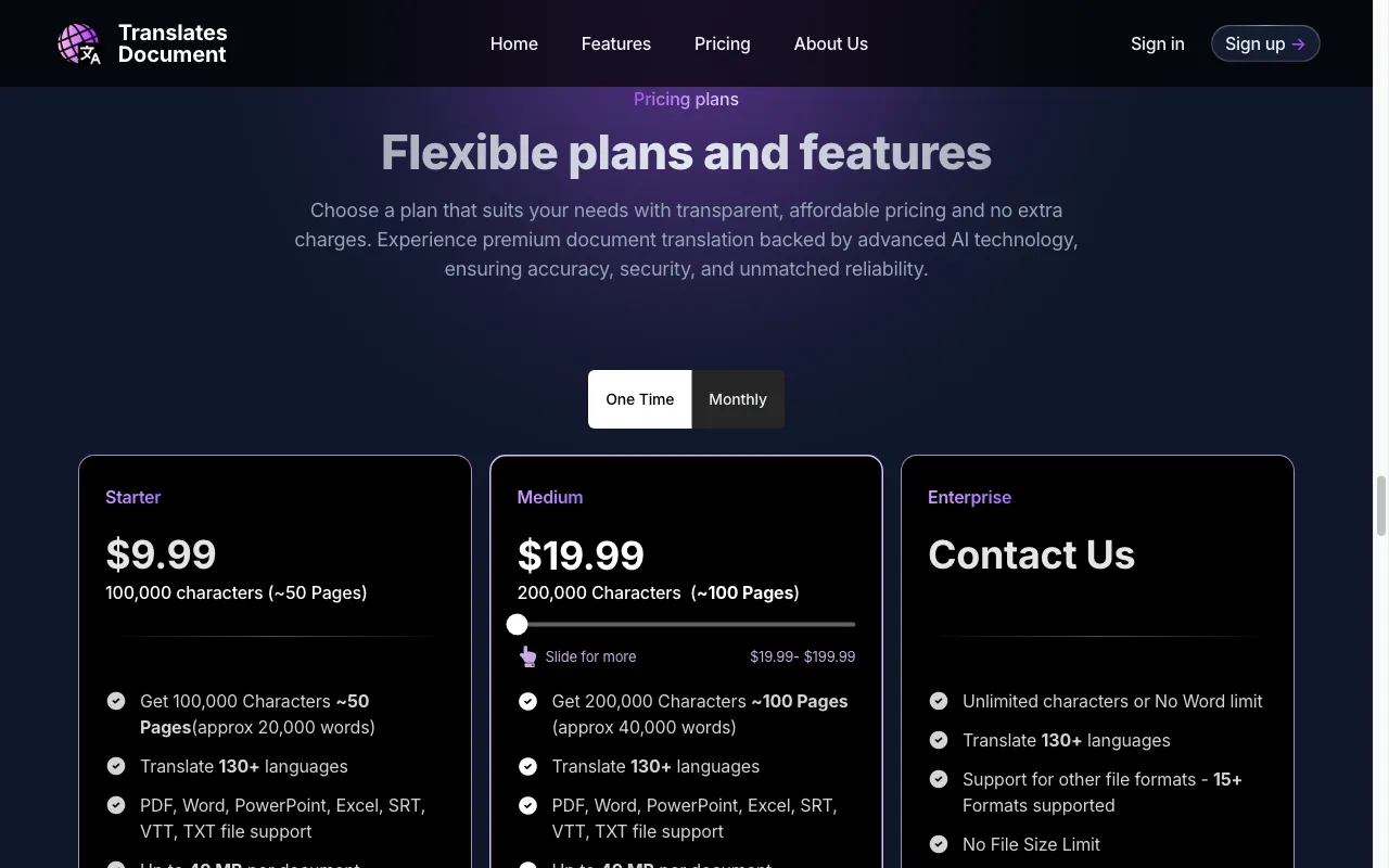 TranslatesDocument — pricing page
