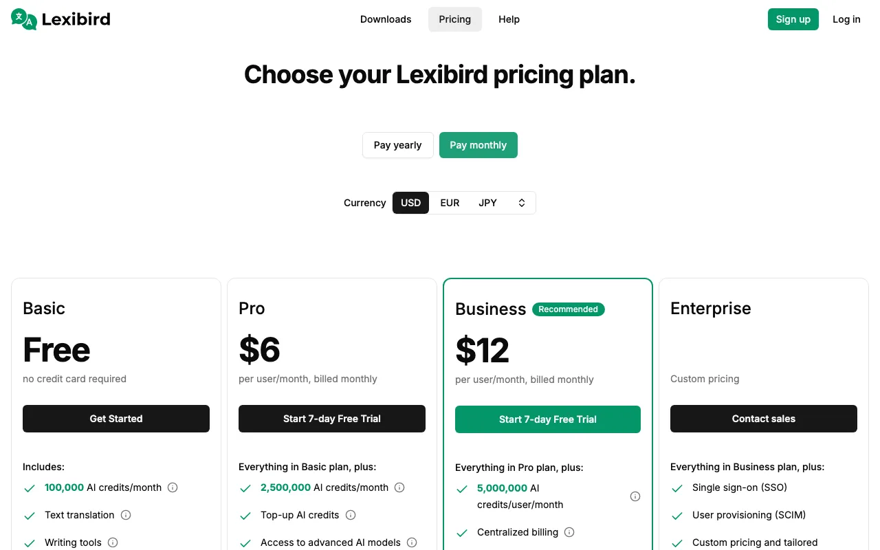 Lexibird — pricing page
