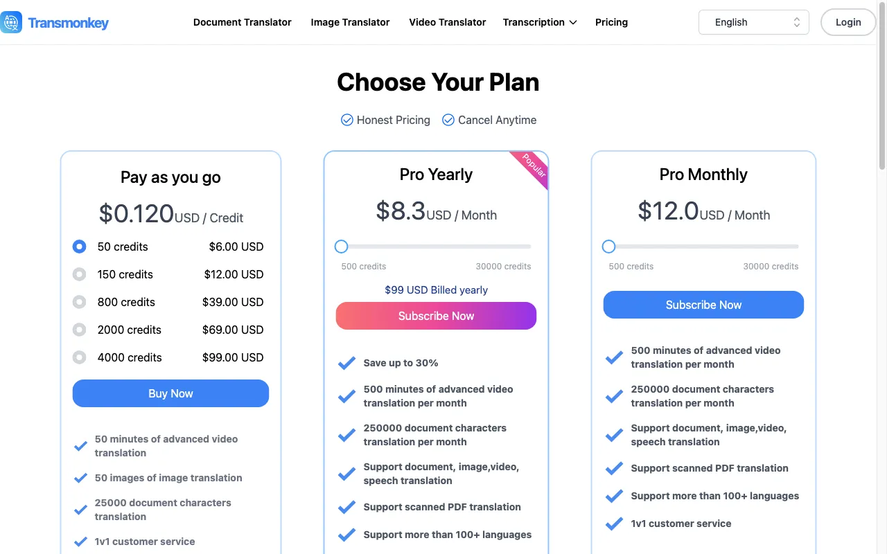 Transmonkey — pricing page