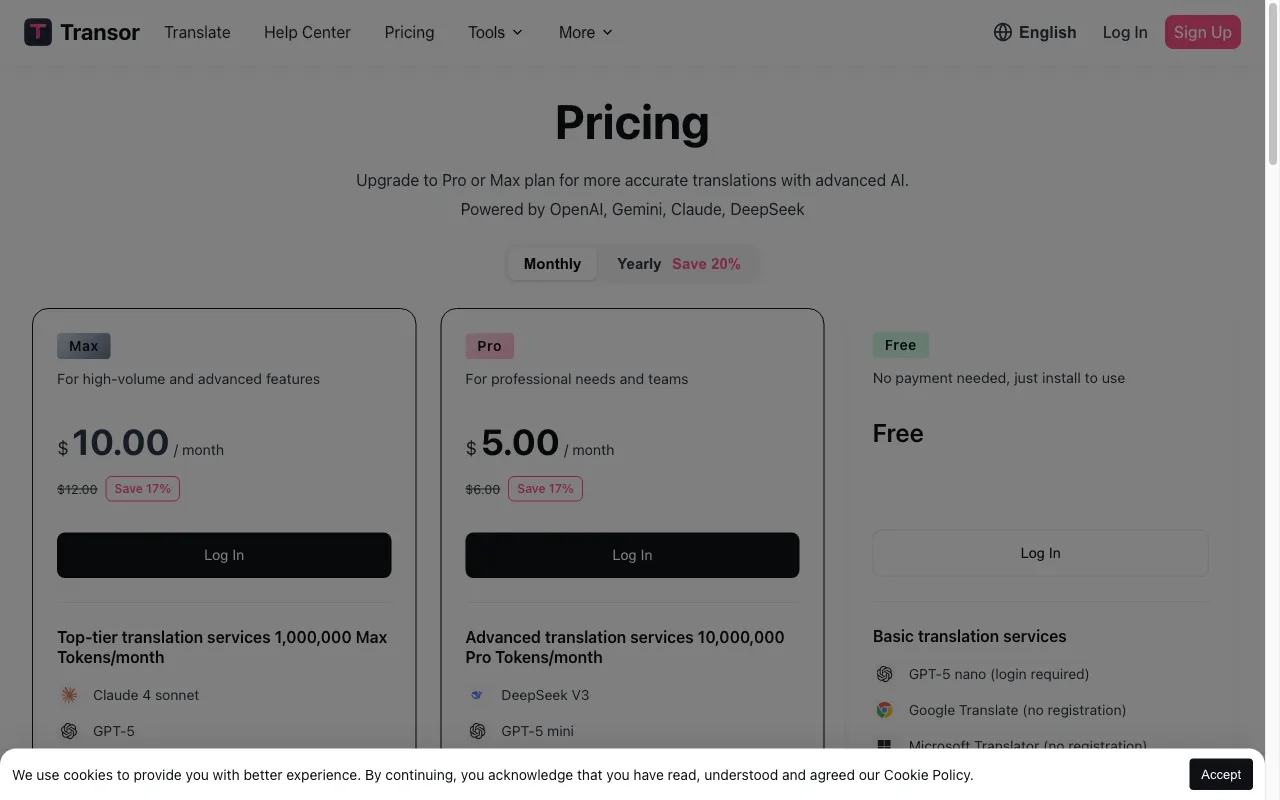 Transor — pricing page