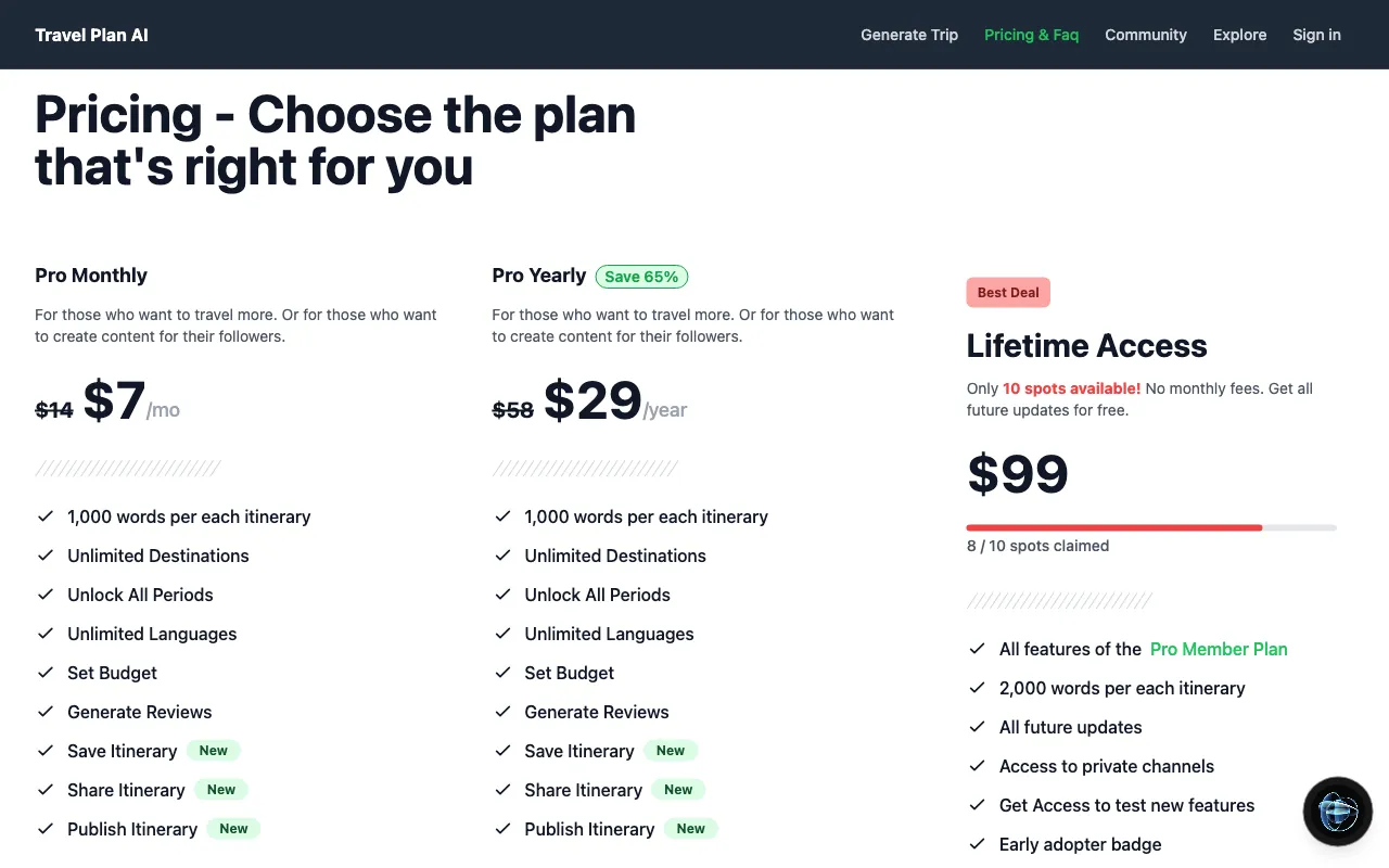 Travel Plan AI — pricing page